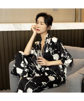 Autumn ice silk pajamas three-quarter sleeve trousers black white rose ladies suit wholesale