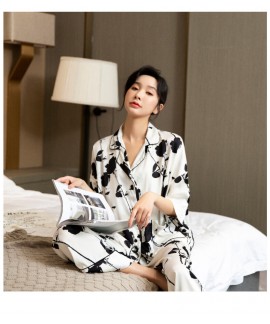 Autumn ice silk pajamas three-quarter sleeve trousers black white rose ladies suit wholesale