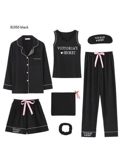 New seven-piece pajamas women's long imitation modal simple letter embroidery home service suit