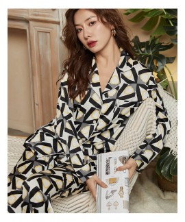 Women Geometric Silk-Like Pajamas Long Sleeve V-ne...