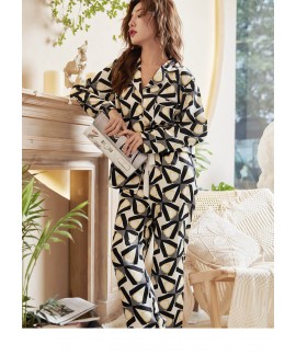 Women Geometric Silk-Like Pajamas Long Sleeve V-neck Homewear Set wholesale