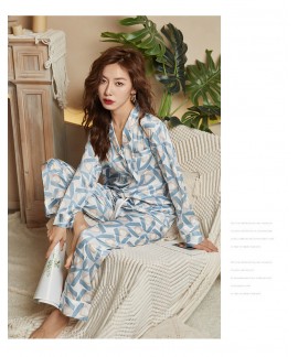 Women Geometric Silk-Like Pajamas Long Sleeve V-neck Homewear Set wholesale