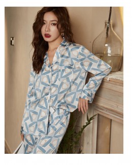 Women Geometric Silk-Like Pajamas Long Sleeve V-neck Homewear Set wholesale