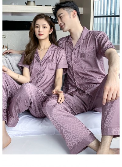 New couple cool feeling pajama silk thin leopard print short-sleeved home service Wholesale
