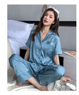 New couple cool feeling pajama silk thin leopard print short-sleeved home service Wholesale