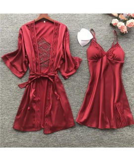 Female Sexy Embroidery Cutout Nightgown Ice Silk P...