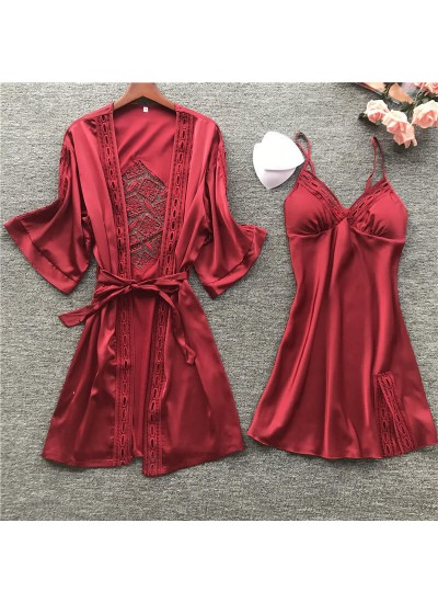 Female Sexy Embroidery Cutout Nightgown Ice Silk Pajamas With Chest Pad Two-piece Suit Robe Wholesale