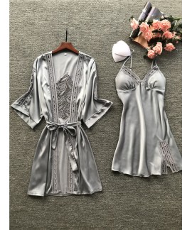 Female Sexy Embroidery Cutout Nightgown Ice Silk Pajamas With Chest Pad Two-piece Suit Robe Wholesale