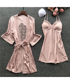 Female Sexy Embroidery Cutout Nightgown Ice Silk Pajamas With Chest Pad Two-piece Suit Robe Wholesale