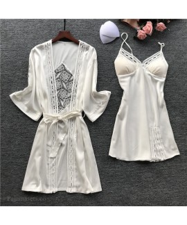 Female Sexy Embroidery Cutout Nightgown Ice Silk Pajamas With Chest Pad Two-piece Suit Robe Wholesale