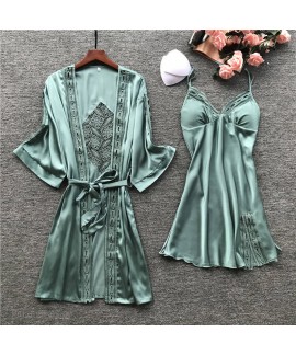 Female Sexy Embroidery Cutout Nightgown Ice Silk Pajamas With Chest Pad Two-piece Suit Robe Wholesale