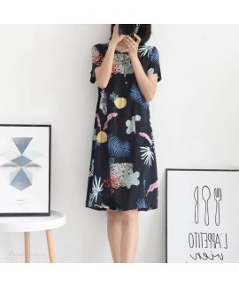 Summer New Women's Cotton Thin Leaves Print Nightdress Short-sleeved Home Skirt Princess skirt Wholesale