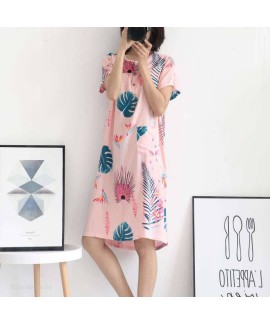 Summer New Women's Cotton Thin Leaves Print Nightdress Short-sleeved Home Skirt Princess skirt Wholesale