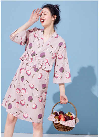 Fresh printed nightgown female cute pure cotton Japanese nightdress mid sleeve student pajama wholesale