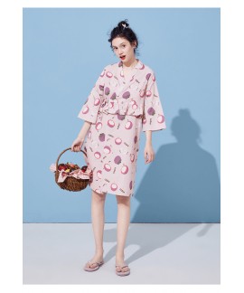 Fresh printed nightgown female cute pure cotton Japanese nightdress mid sleeve student pajama wholesale