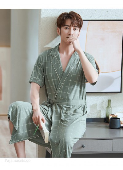 Men's Japanese Green Plaid Kimono Summer Leaves Print Robe Modal Cotton Thin Morning Pajamas For Men Wholesale