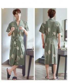 Men's Japanese Green Plaid Kimono Summer Leaves Print Robe Modal Cotton Thin Morning Pajamas For Men Wholesale