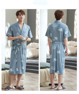Men's Japanese Green Plaid Kimono Summer Leaves Print Robe Modal Cotton Thin Morning Pajamas For Men Wholesale