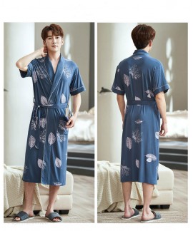 Men's Japanese Green Plaid Kimono Summer Leaves Print Robe Modal Cotton Thin Morning Pajamas For Men Wholesale