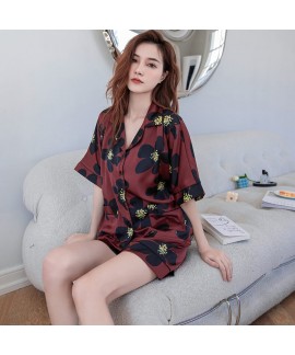 Summer ladies floral home wear cardigan simulation silk short-sleeved pajamas new fashion suit