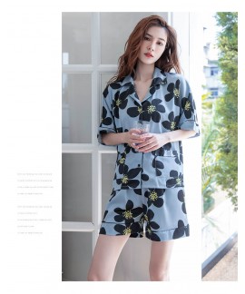 Summer ladies floral home wear cardigan simulation silk short-sleeved pajamas new fashion suit