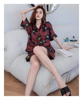 Summer ladies floral home wear cardigan simulation silk short-sleeved pajamas new fashion suit