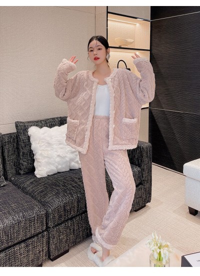 Autumn and winter new ladies flannel pajamas pink long-sleeved two-piece suits Wholesale