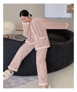 Autumn and winter new ladies flannel pajamas pink long-sleeved two-piece suits Wholesale