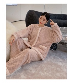 Autumn and winter new ladies flannel pajamas pink long-sleeved two-piece suits Wholesale