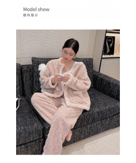Autumn and winter new ladies flannel pajamas pink long-sleeved two-piece suits Wholesale