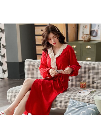 Pure cotton Lace long-sleeved pajamas women spring autumn sexy ladies long pajamas plus size loose red bathrobe wholesale