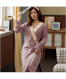 Pure cotton Lace long-sleeved pajamas women spring autumn sexy ladies long pajamas plus size loose red bathrobe wholesale