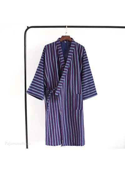 Japanese Thin Men's Gauze Kimono Nightgown Cotton Vertical Stripes Robe Spring and Summer Steamed Sauna Pajama Suit Wholesale