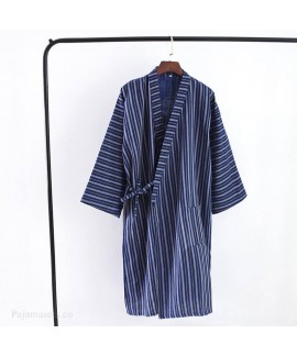 Japanese Thin Men's Gauze Kimono Nightgown Cotton Vertical Stripes Robe Spring and Summer Steamed Sauna Pajama Suit Wholesale