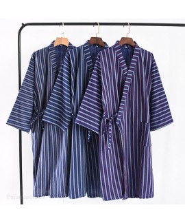 Japanese Thin Men's Gauze Kimono Nightgown Cotton Vertical Stripes Robe Spring and Summer Steamed Sauna Pajama Suit Wholesale