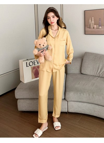 Spring and Autumn Ice Silk Long Sleeve Jacquard Houndstooth Silk-Like Ladies Pajamas Wholesale