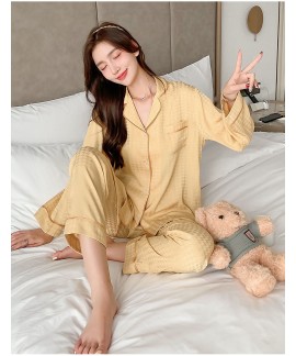 Spring and Autumn Ice Silk Long Sleeve Jacquard Houndstooth Silk-Like Ladies Pajamas Wholesale