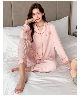 Spring and Autumn Ice Silk Long Sleeve Jacquard Houndstooth Silk-Like Ladies Pajamas Wholesale