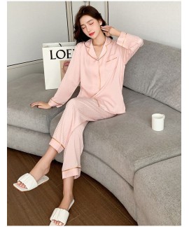 Spring and Autumn Ice Silk Long Sleeve Jacquard Houndstooth Silk-Like Ladies Pajamas Wholesale