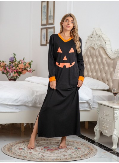 Amazon Wish Explosive Nightdress Cotton Halloween Smiley Print Long Sleeve Nightgown Wholesale