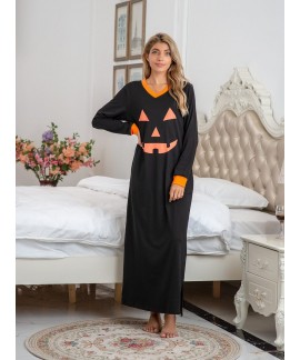 Amazon Wish Explosive Nightdress Cotton Halloween Smiley Print Long Sleeve Nightgown Wholesale