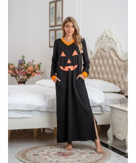 Amazon Wish Explosive Nightdress Cotton Halloween Smiley Print Long Sleeve Nightgown Wholesale