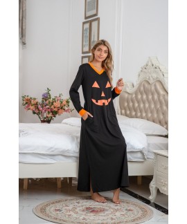 Amazon Wish Explosive Nightdress Cotton Halloween Smiley Print Long Sleeve Nightgown Wholesale