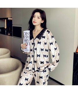 Autumn winter thick gold velvet pajamas suit women sweet doll collar bow print pajamas wholesale