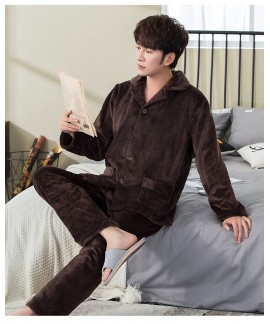 New men's plus size thick flannel simple pure colour striped winter pajamas wholesale