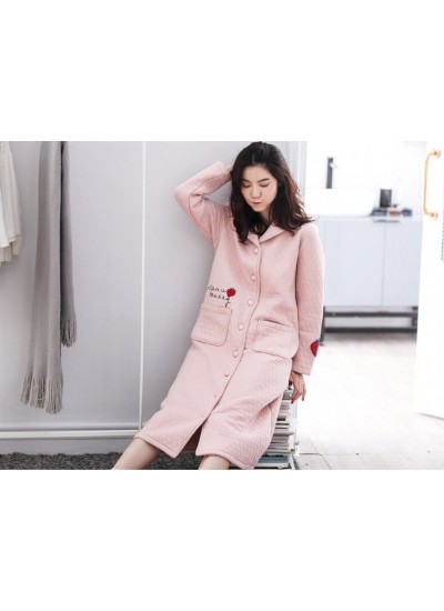 Pajamas women strawberry print nightdresses long thickened cotton interlayer nightgown winter air cotton bathrobe wholesale