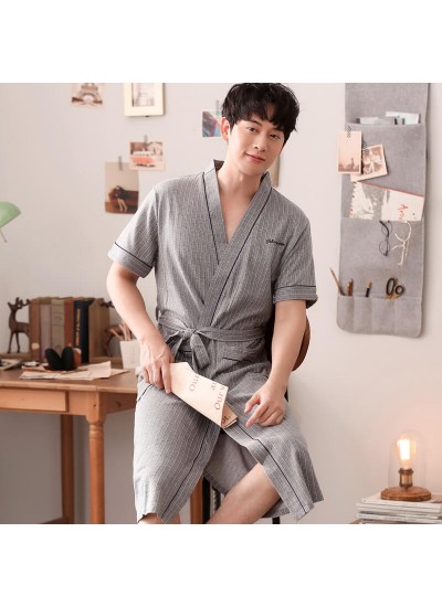 Summer Casual Gray stripes Cotton Men's Nightgown Short-sleeved Plus Size Bathrobes Wholesale