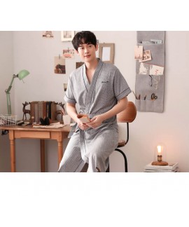 Summer Casual Gray stripes Cotton Men's Nightgown Short-sleeved Plus Size Bathrobes Wholesale