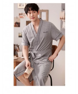 Summer Casual Gray stripes Cotton Men's Nightgown Short-sleeved Plus Size Bathrobes Wholesale