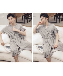 Summer Casual Gray stripes Cotton Men's Nightgown Short-sleeved Plus Size Bathrobes Wholesale